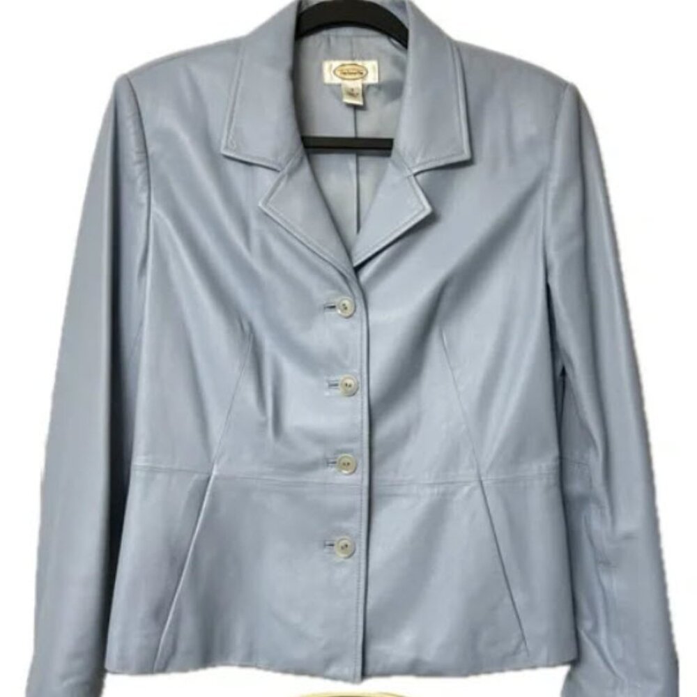 Talbots' Genuine Leather Light Blue Fitted Petite Size 8 Jacket (Pre-Owned)